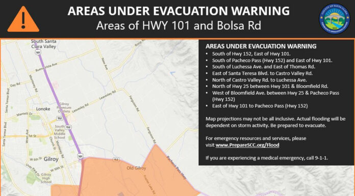 Santa Clara County issues evacuation warning near 101, Bolsa Road