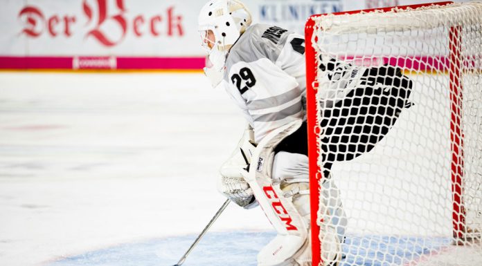 Dustin Wolf’s Stats and Records in the 2025 Season Icehockey goalkeeper standing in goal during a match